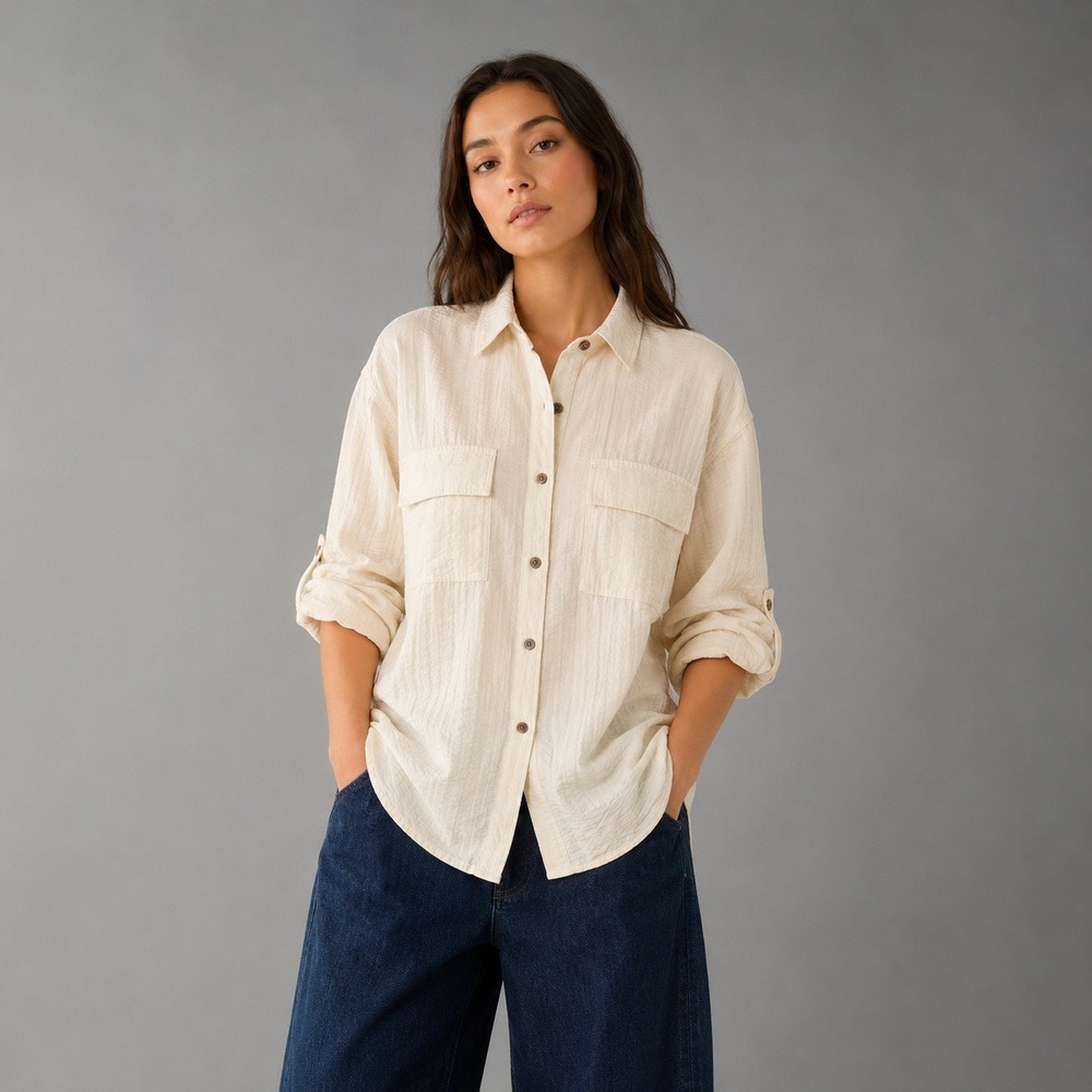 Banana Republic Oversized Camp Shirt Ivory Crinkle Roll Tab Sleeve Sz M